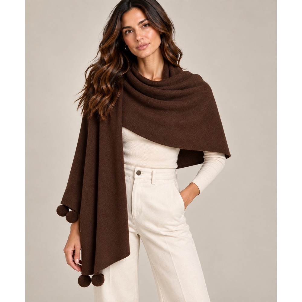Alpaca Angora Wrap Shawl‎ Peruvian Soul Dark Brown Knit Pom Pom Trim Handcrafted